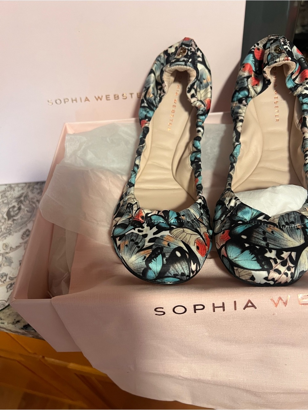 Sophia Webster Multicolor Butterfly-Print Ballet Flats in Blue, Black, Coral
